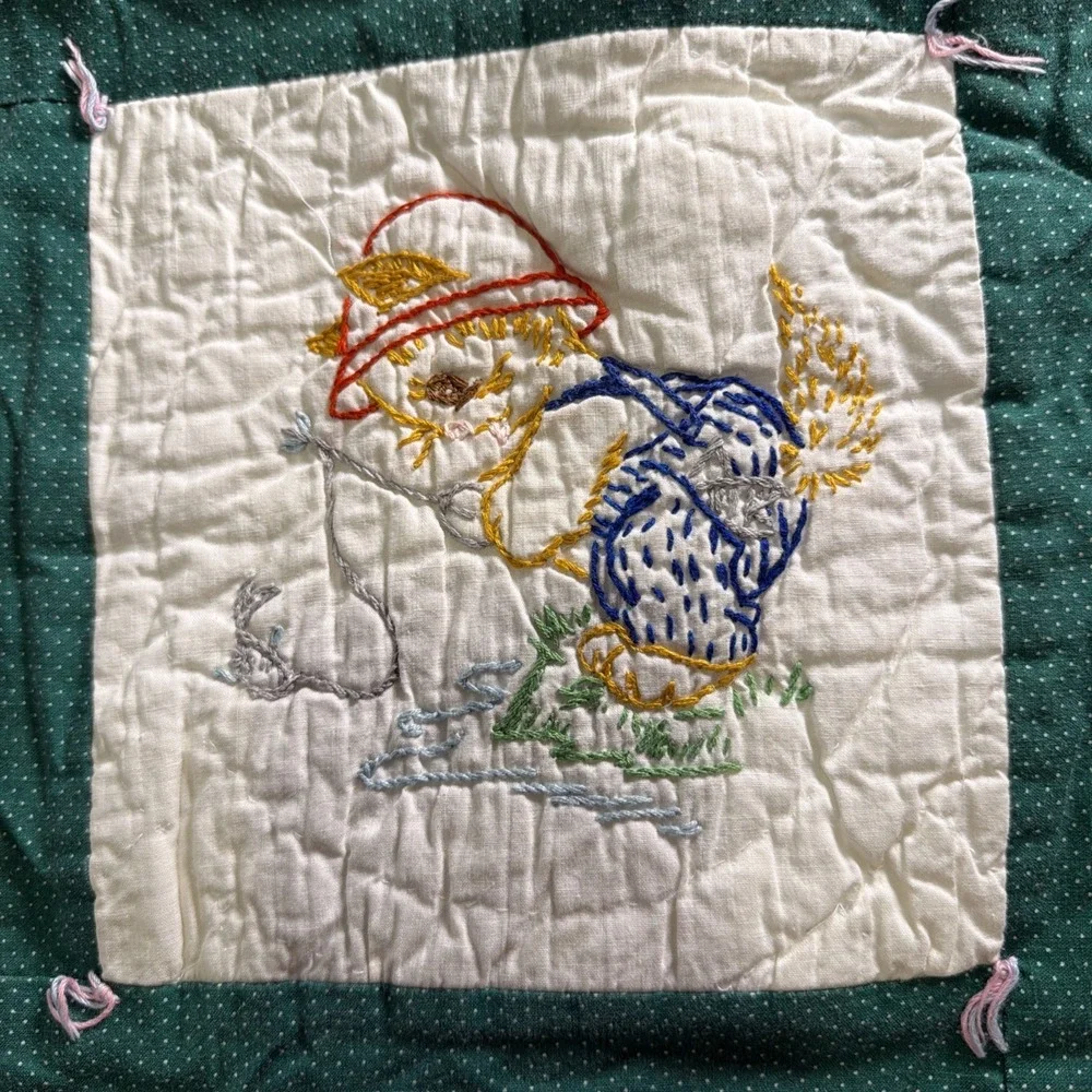 Vintage Handmade Embroidered Crib Quilt Playful Animals Green White